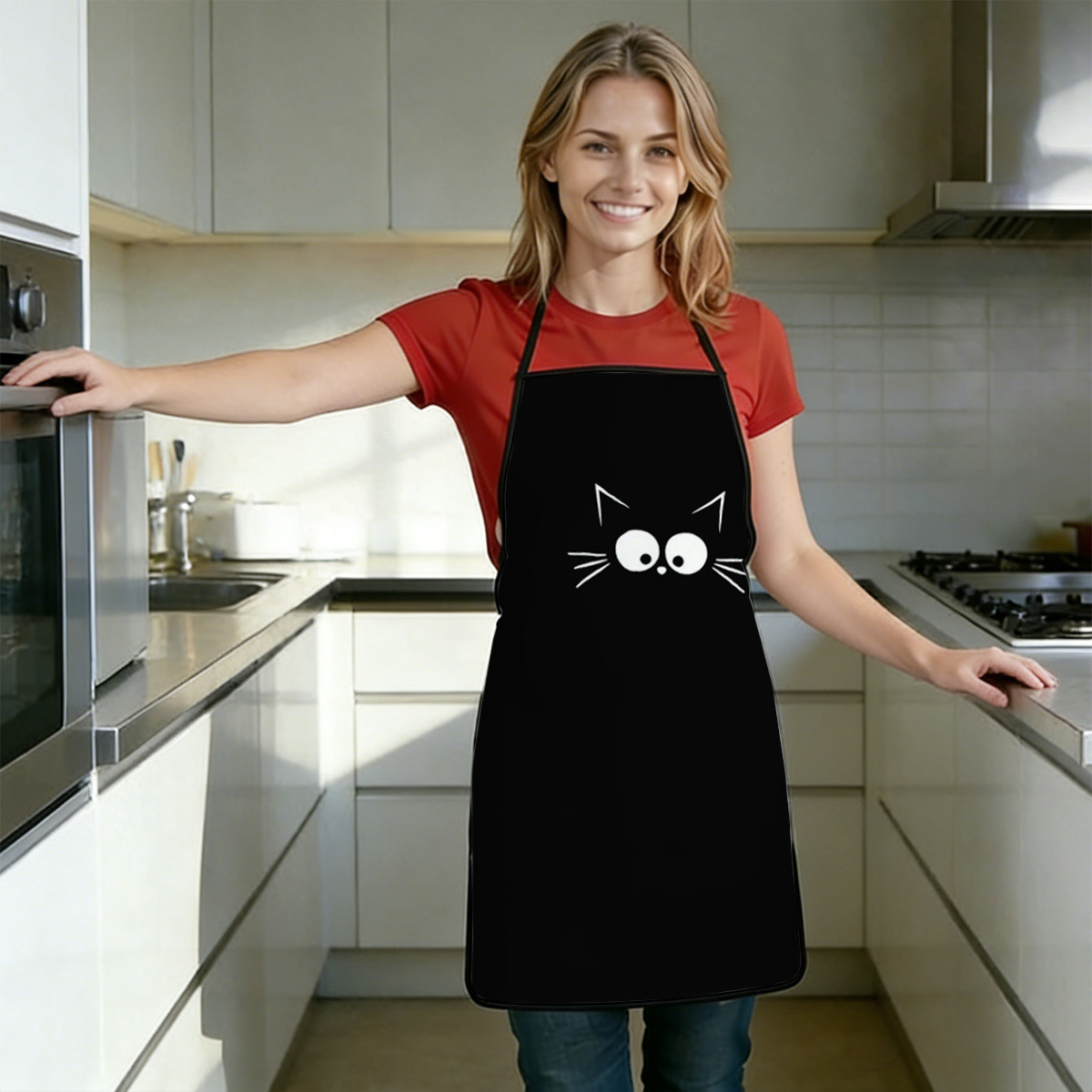 TEMU 1pc 2d Flat 120wq Black Cat Cute Eyes Apron, Printed Pattern Apron, Durable And Easy To Clean, Adjustable Waist Tie, 2 Sizes