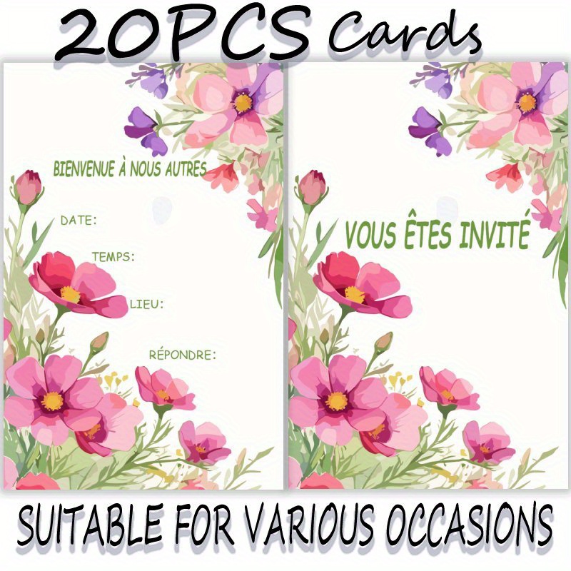 TEMU 20 cartes d'invitation avec divers floraux, cartes d'invitation ( enveloppes), cartes d'invitation élégantes à soi-, cartes cadeaux vierges pour
