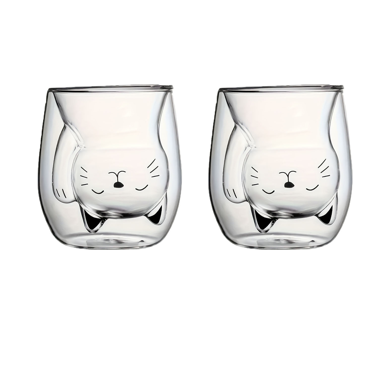 TEMU Kaplan 2pcs Cute Kitten Glass Coffee Cups, Double-layer Glass Milk Cups For Breakfast, Coffee, Juice, For Personal Birthday And Holiday Gifts