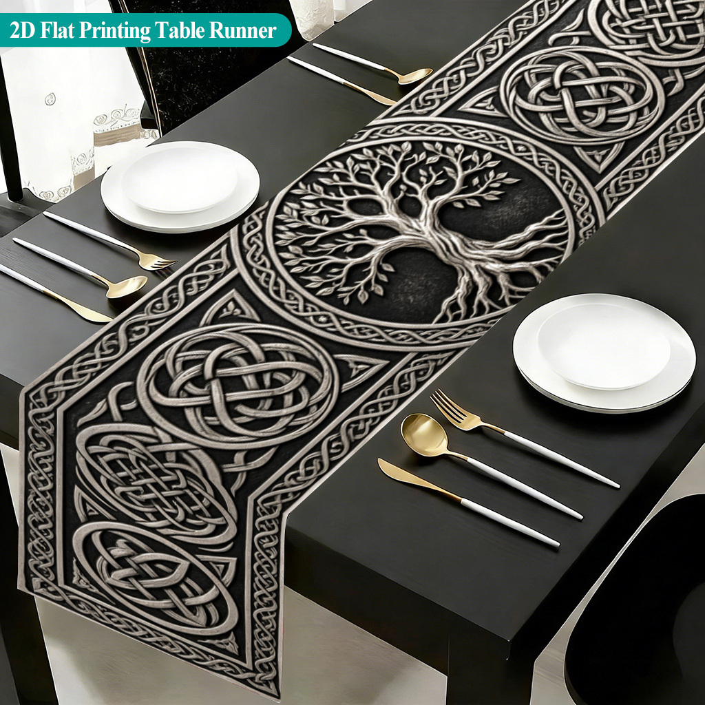 TEMU 2d Flat, 1pc Table Runner, Interlocking Celtic Knots Layered Arrangement, Center Is Tree Of Life, Surrounded By Retro Rope Border. Textured And