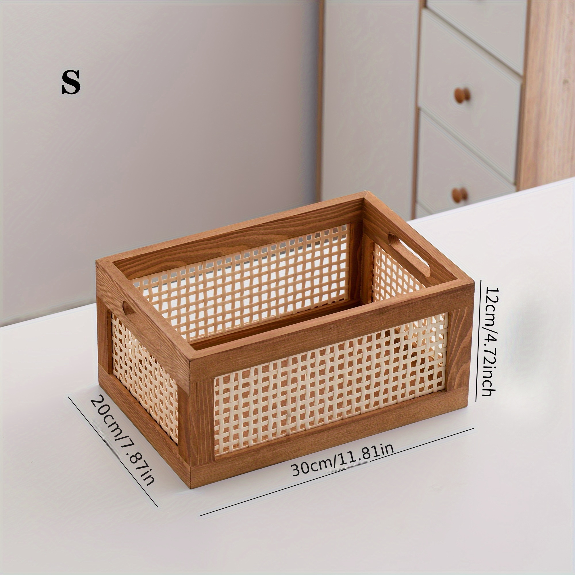 Bohemian Style Rattan Wooden Storage Basket. Featuring 2 Hollow Handles, This Vintage   Rectangular Organizer is Suitable for Home Storage, Kitchen, Bathroom, Living Room, Bedroom, Toys, and Groceries, Desktop Decor, Shelf Basket, Shelf Baskets