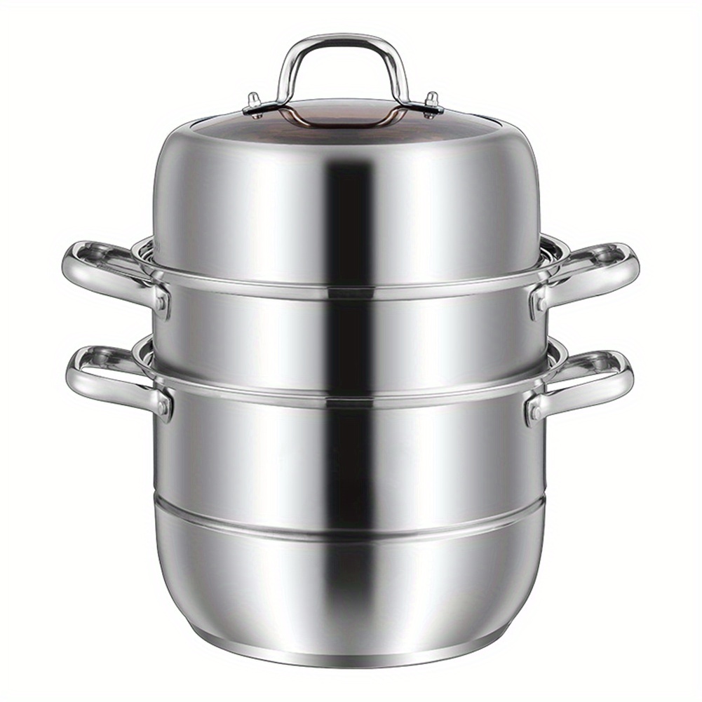 versatile 11 stainless steel steamer pot with tempered glass lid 3 tier thick bottom for healthy cooking of vegetables dumplings more details 7