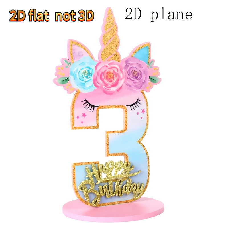 TEMU 2d Flat, Pink And Blue Glitter Number 3 With Unicorn Horn And Floral Decorations - 2d Flat Faux Wood Birthday Party Decoration With Golden And