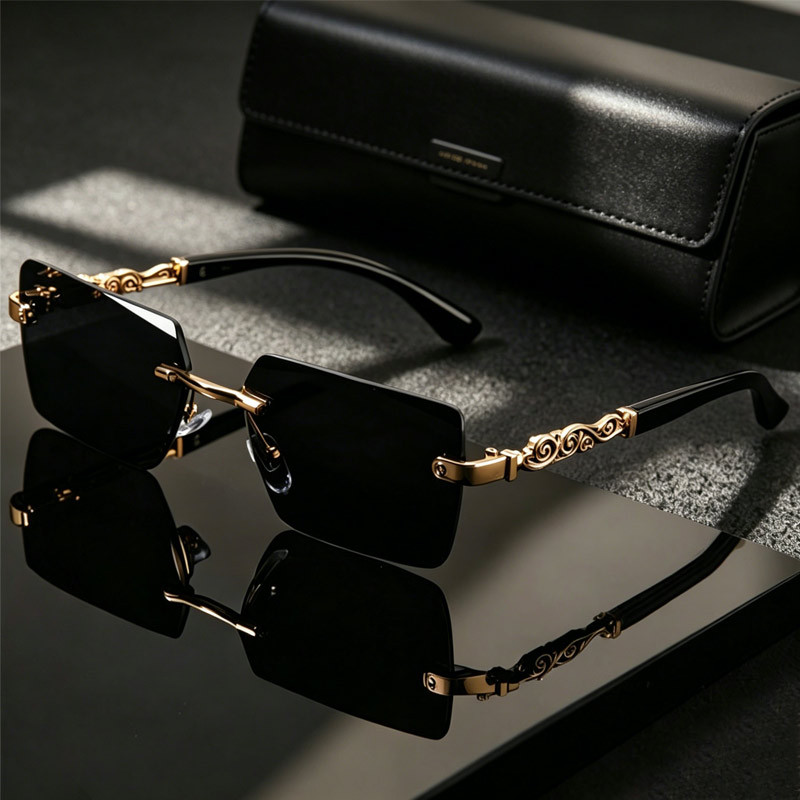 luxurious unframed black golden sunglasses   men and women with decorative patterns on temples narrow rectangular lens design   with an exquisite sunglasses bag a high end suitable   men and women driving t