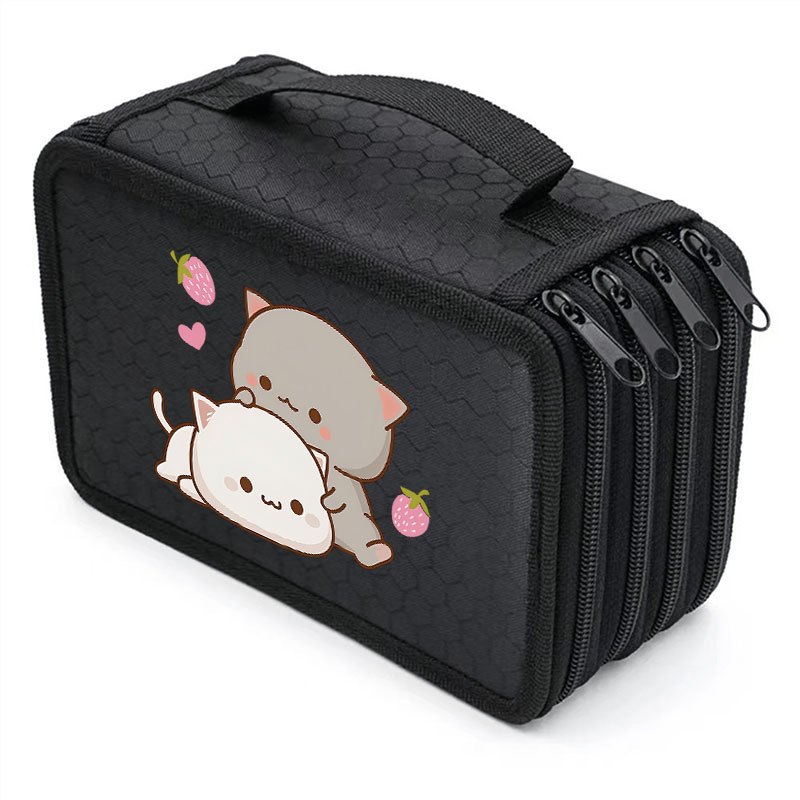 TEMU Cute Strawberry Cat Print Large Capacity Portable Four-layer Pen Case, Zipper Stationery Storage Pouch With Handle, 1pc For School And Office