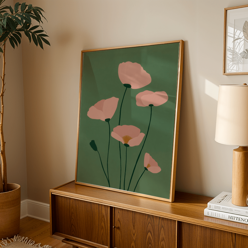 TEMU 2d Flat, 2d Flat, 1pc Wall Decor Featuring A Retro Poster With A Minimalist In Pink And Green. This Abstract Poppy Canvas Artwork Serves As A