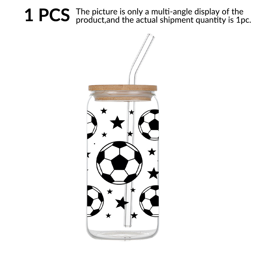 TEMU 1pc, Uv Printed Soccer , 16-ounce Glass With A Bamboo Lid And Glass Straw, Perfect For Cold Beverages, Ideal For Bridal Showers, Gifts For '