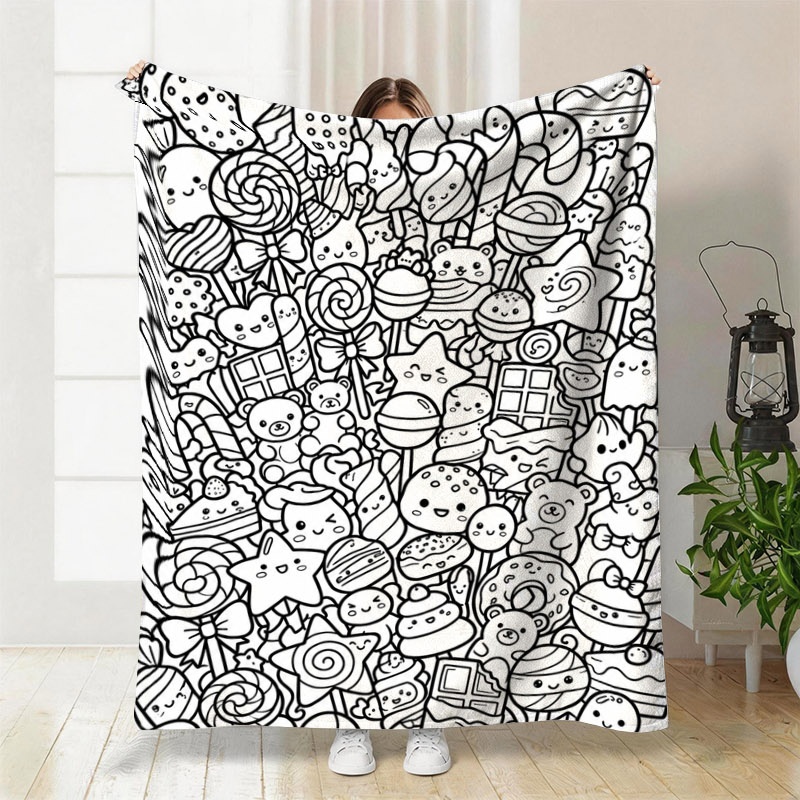 TEMU 1pc Comfortable Blanket, Featuring Whimsical Graffiti Prints, Including Cute Food And Adorable Animal Line Drawings In Rich Ink, Used As A