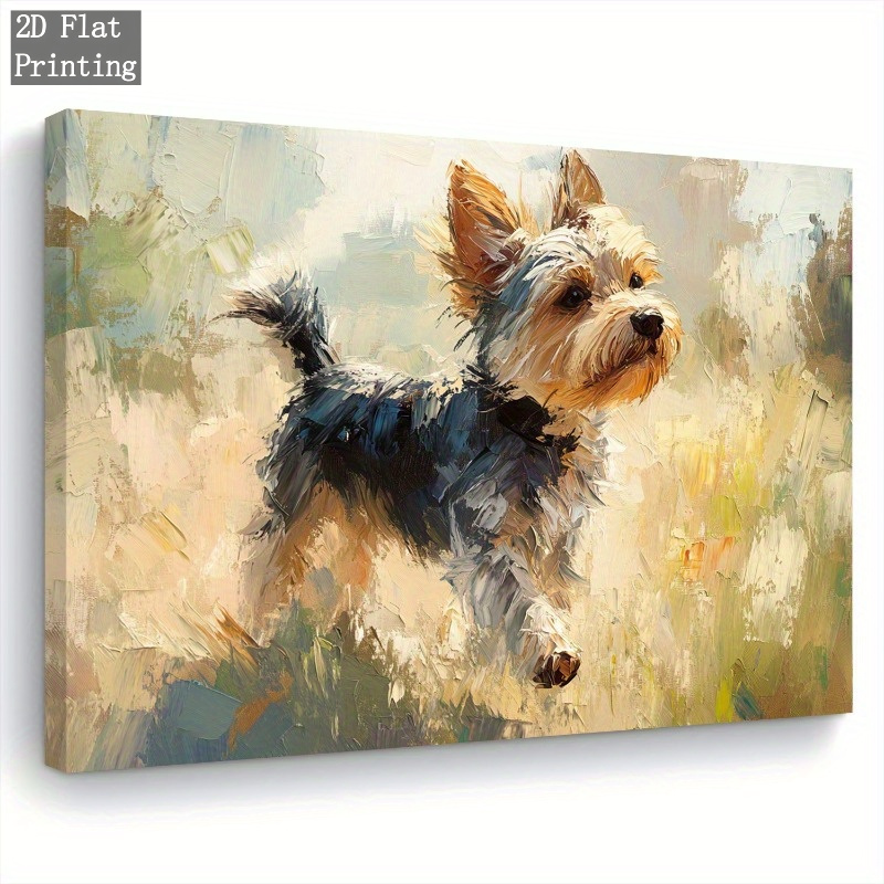 TEMU Art Mural Yorkshire Terrier 2D Plat, 1 pièce, pour Amoureux des Chiens - Peinture sur Toile Encadrée en Bois, Décoration Murale à Suspendre avec