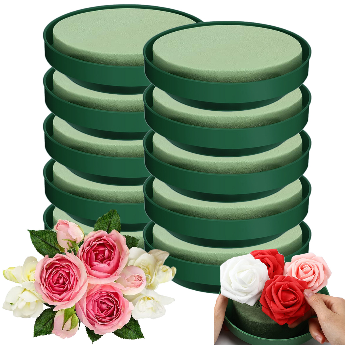 E-shop 10 Sets Große Blumen-Schaumstoff mit Schale Kit 5,7 Zoll (14,5 cm) Runde Floristik-Schaumstoffblöcke Großpackung DIY Grüne Blumenarrangements