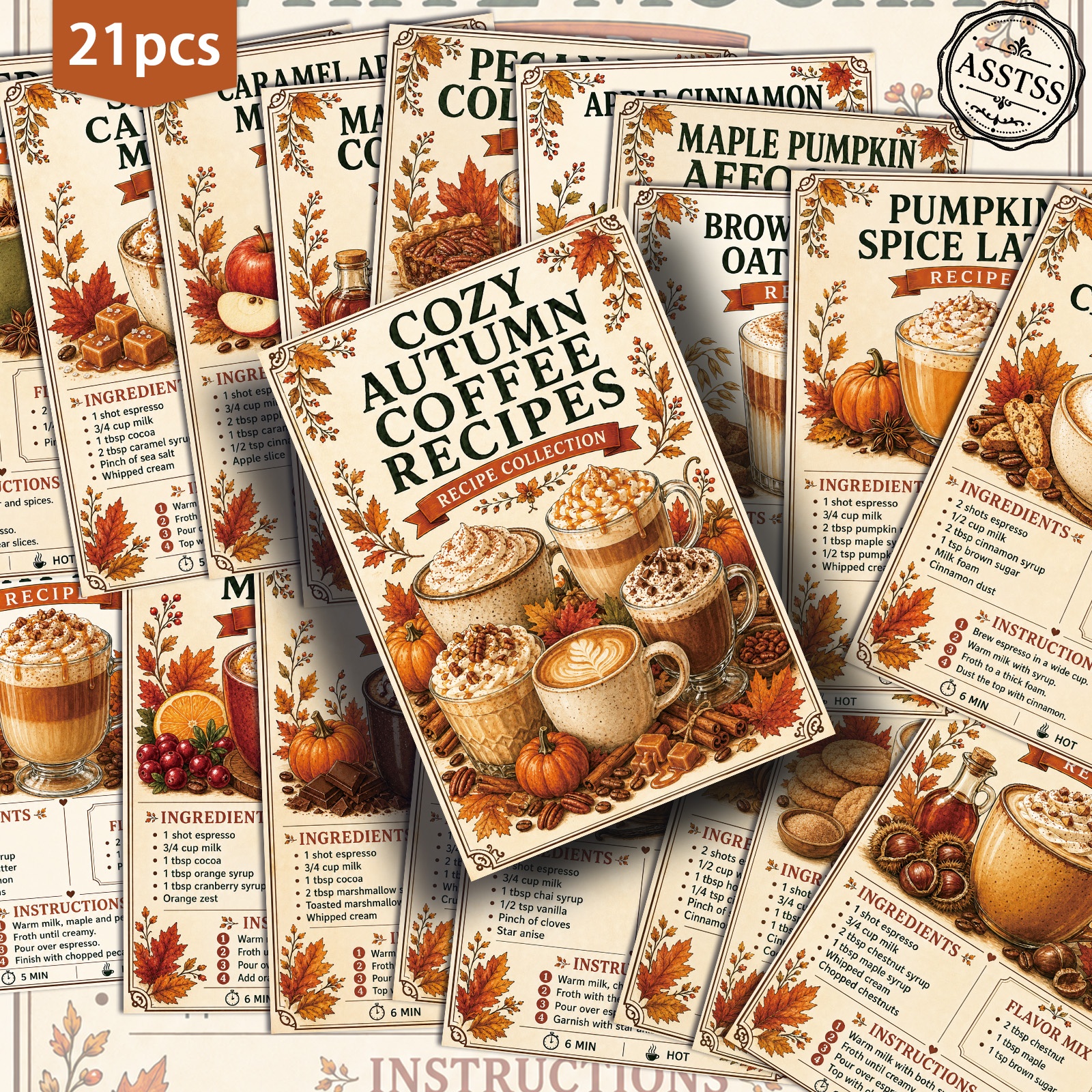 TEMU 21-pack Asstss Vintage Cozy Autumn Coffee Recipes Postcards - 4x6 Inches Retro Junk Journal Supplies, Classic Pinup Illustrations Collectible