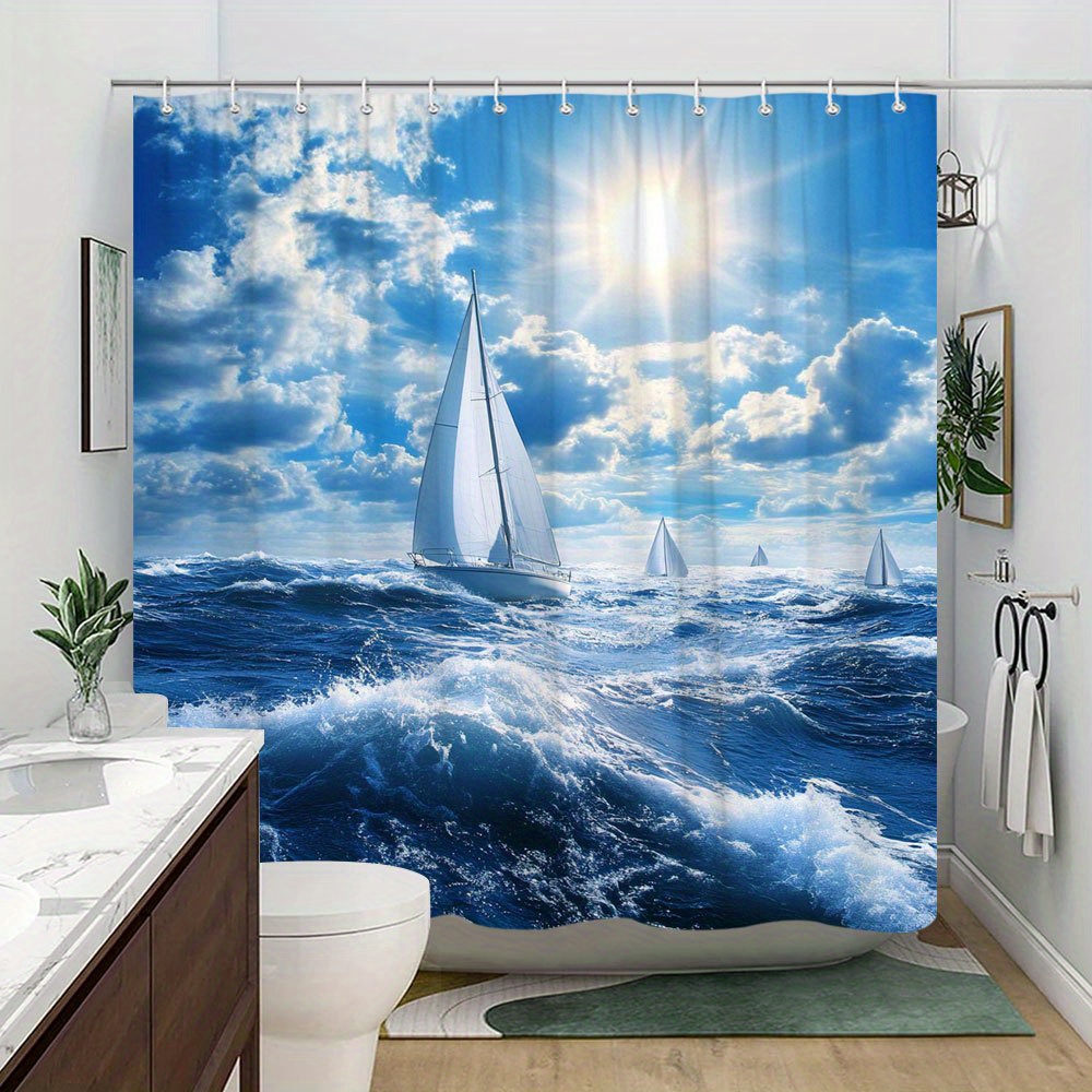 Nautical Sailing Bath Curtain with Hooks