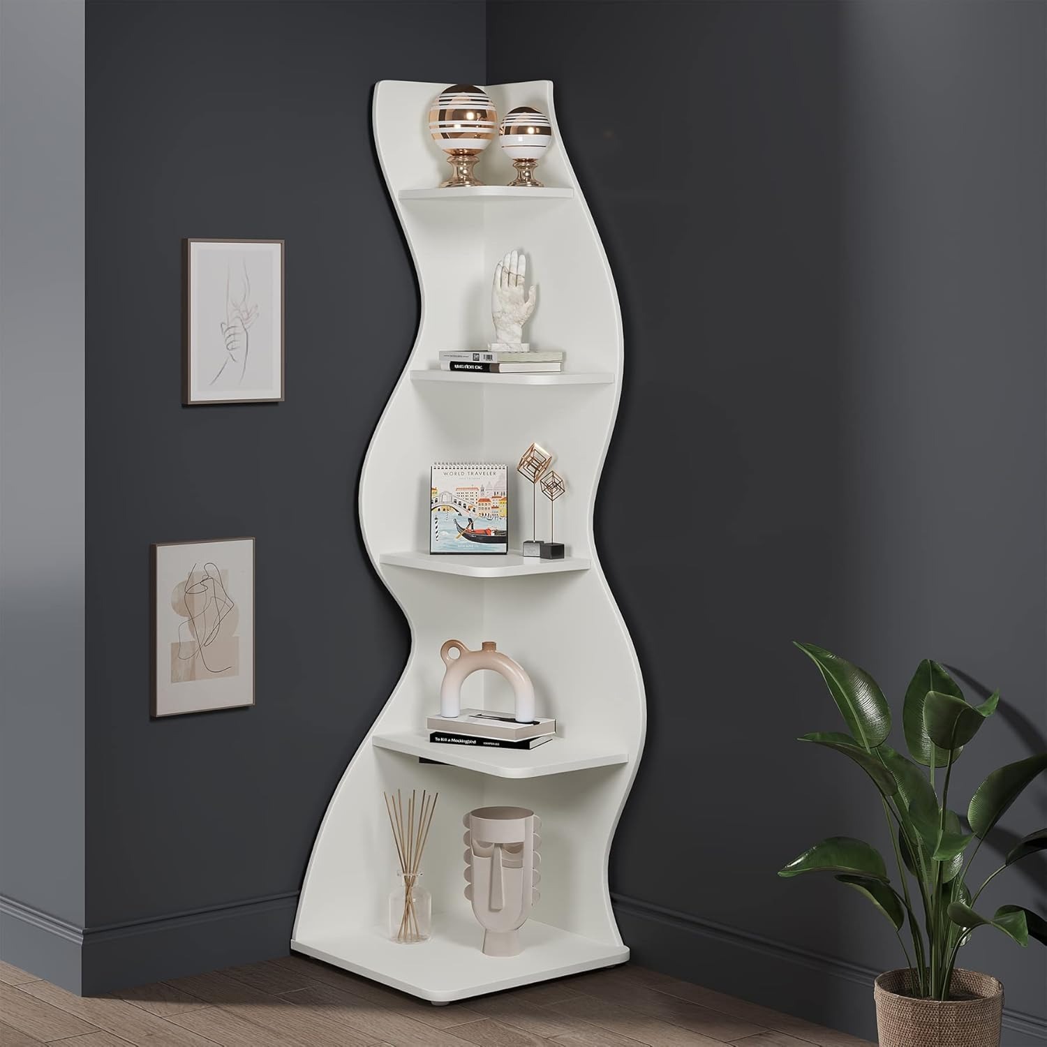 5-tier Modern Wall Corner Shelf Stylish Small Corner Bookshelf Unique Shape Storage Rack Plant Stand For Living Room Home Office 1pc White