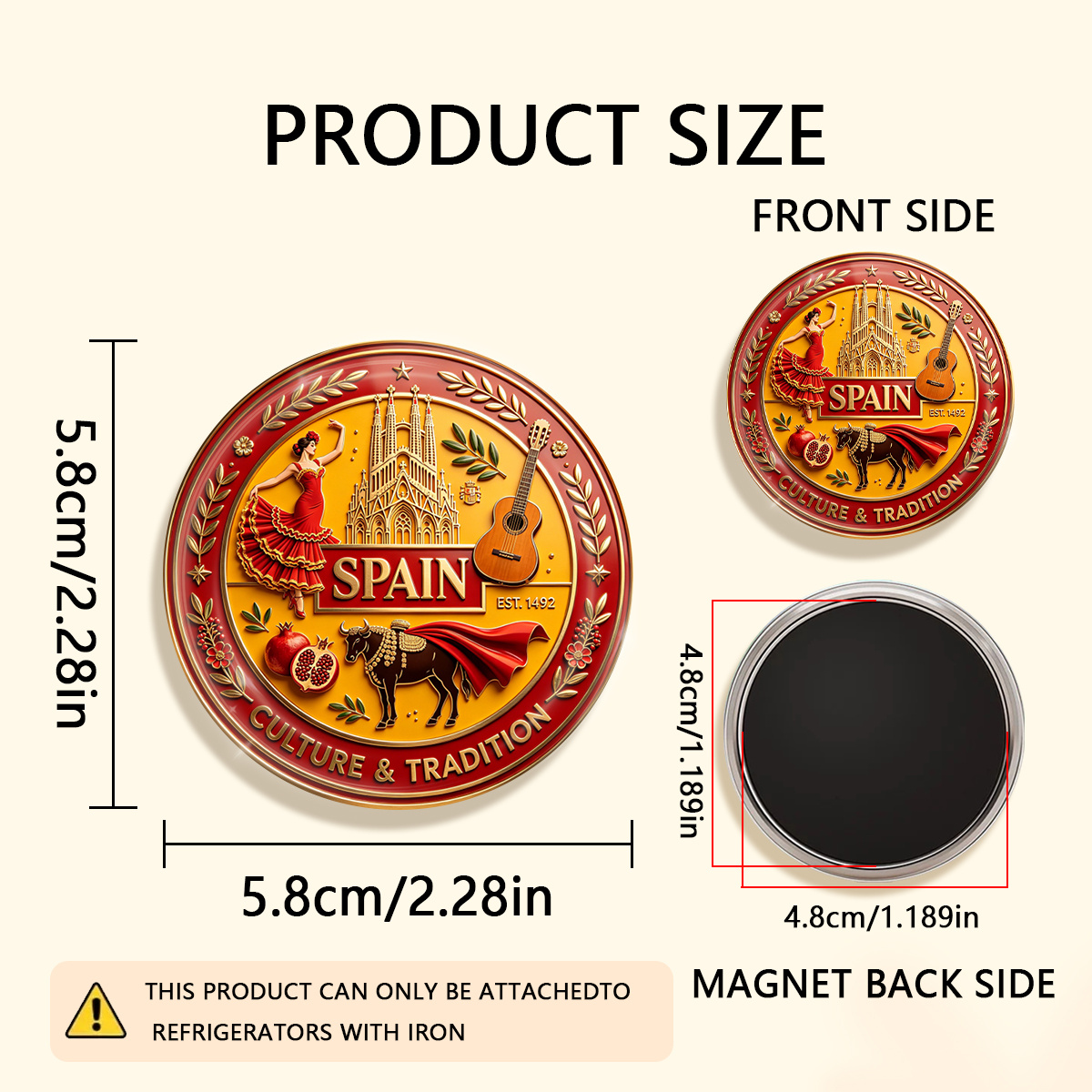 TEMU 1pc 2d Flat Spain Est. 1492 & Durable Round Fridge Magnet, Suitable For To Refrigerators, Whiteboards, Handicrafts, Photos, Stickers, Postcards,