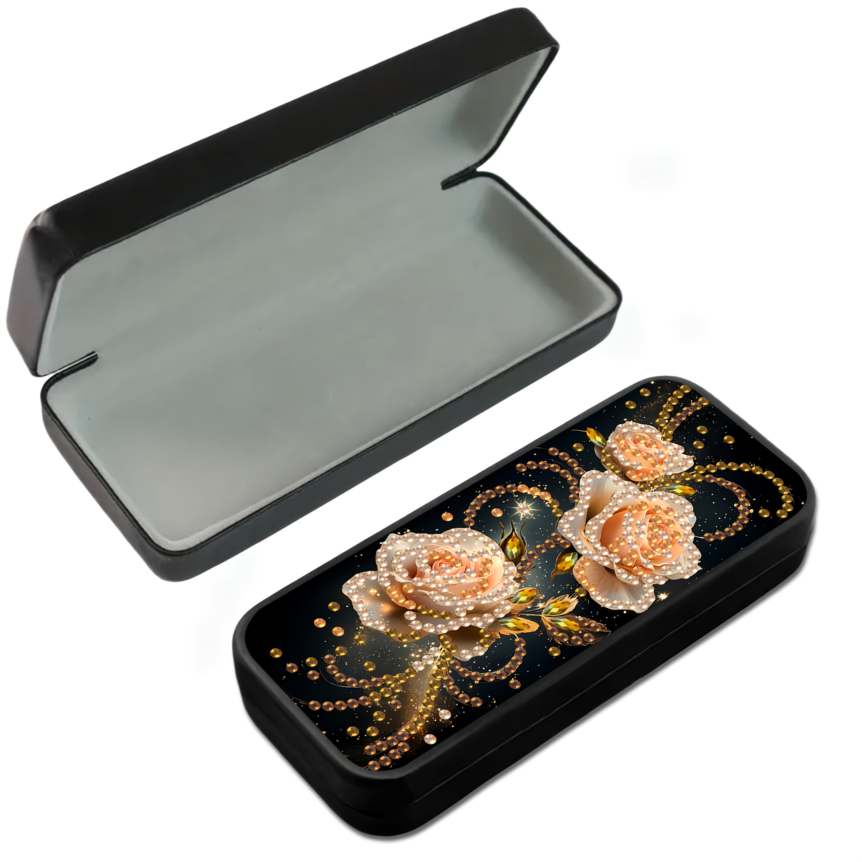 TEMU 1pc Pvc Faux Leather Craft Travel Glasses Storage Box, With Floral , 5d Diamond Painting Glasses Set Includes Irregular Shaped Diamonds And