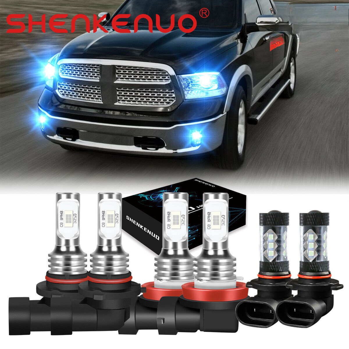 

6x For 2009-2017 For Dodge For 1500 Led Headlight + Fog Light Bulbs Combo Kit 8000k, Without Battery