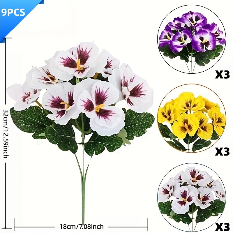 Image of 3/ 6/ 9pcs Pansy Artificial Flowers Multiple Sizes, Retro-style , Fake Flower Ornaments For Courtyard, Balcony, Indoor And Outdoor Landscaping