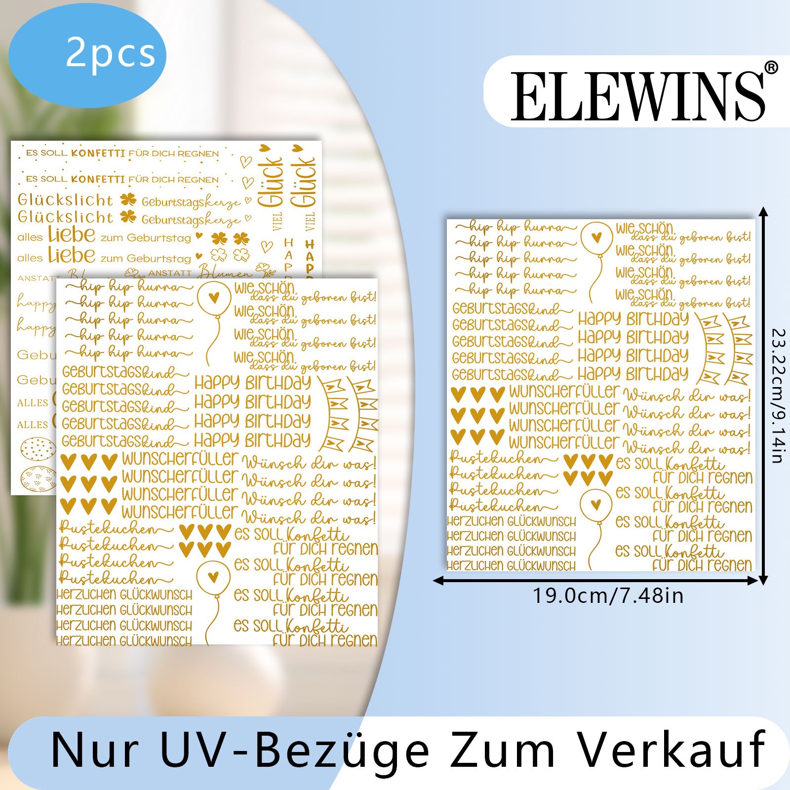 TEMU 2 Stück UV DTF - Goldene Deutsche "Happy Birthday" Aufkleber, Selbstklebend, Rechteckig für Tassen, Gläser, Metall, Kerzen, Holz & Plastik