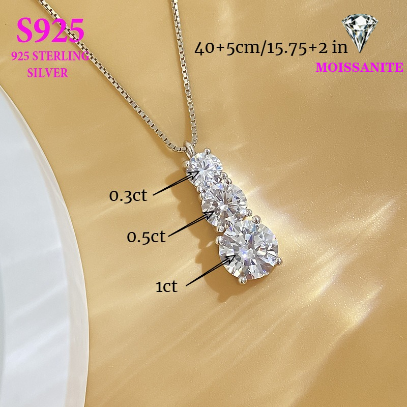 S925 Sterling Silver Three-Stone Moissanite Pendant Necklace