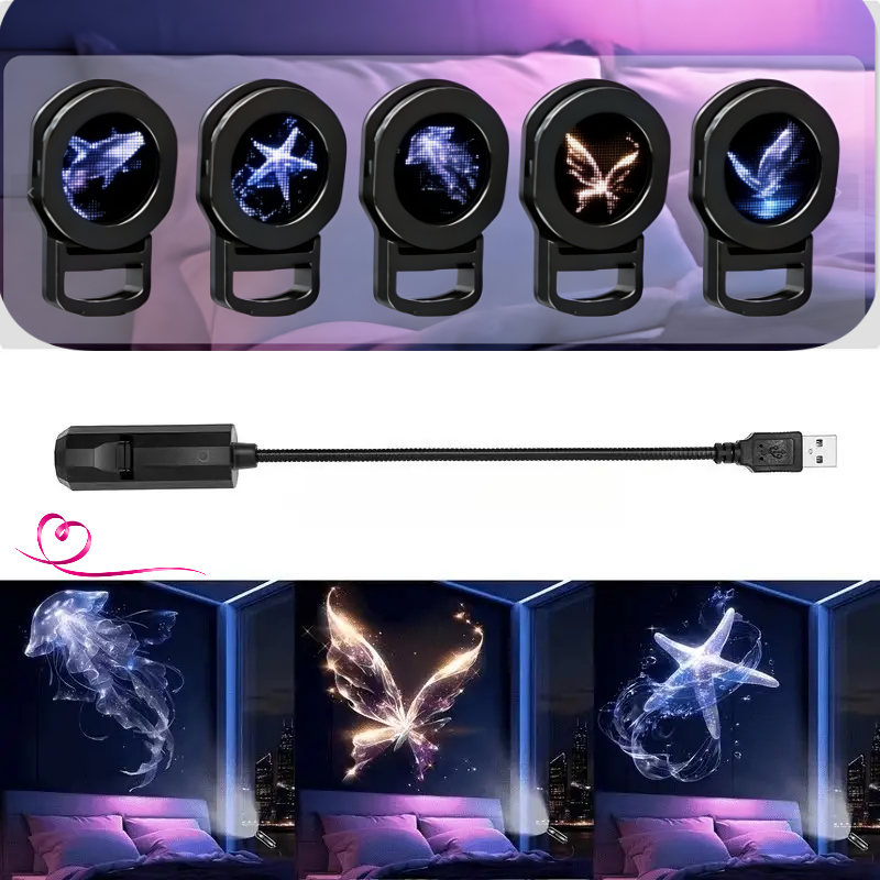 1 Portable Usb Fantasy Creature Projection Night Light With 5 Interchangeable Pattern Slides, Romantic Led Night Light, Suitable For Bedrooms, Living Rooms, And Car Creative Decoration And Gift