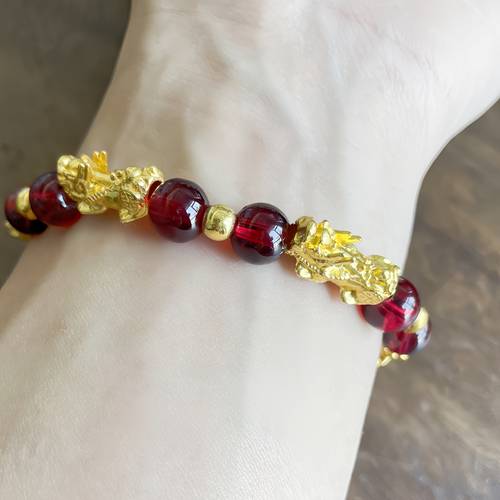 1pack pixiu good luck bead bracelet for men women natural stone beads with red golden accents charms elegant unisex jewelry for weddings parties valentines day gift party accessories sophisticated design beads wedding guests
