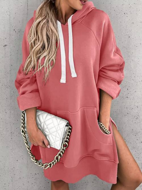 womens oversized hoodie dress casual sweatshirt style with a split hem featuring pockets and winter of 2025