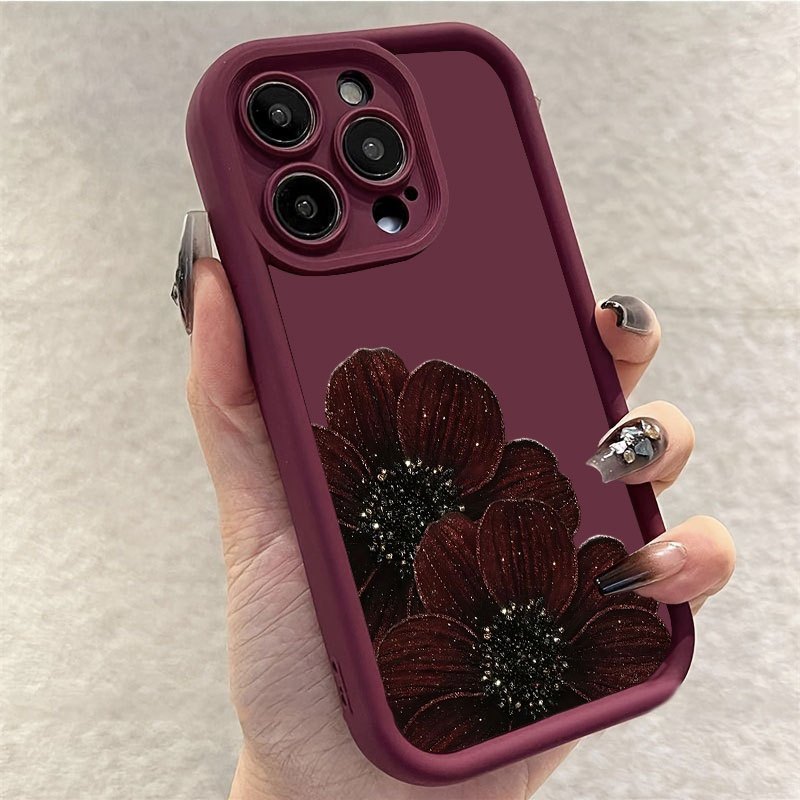 Phone Case: Elegant Dark Brown Floral Pattern TPU Case Compatible with iPhone 17 Pro Max, iPhone 16/15/14/13 Pro/12/11/7/8 Plus/X/XR/XS Max, Red Corners, Durable, Shockproof, Full-Body Protection, Stylish Design
