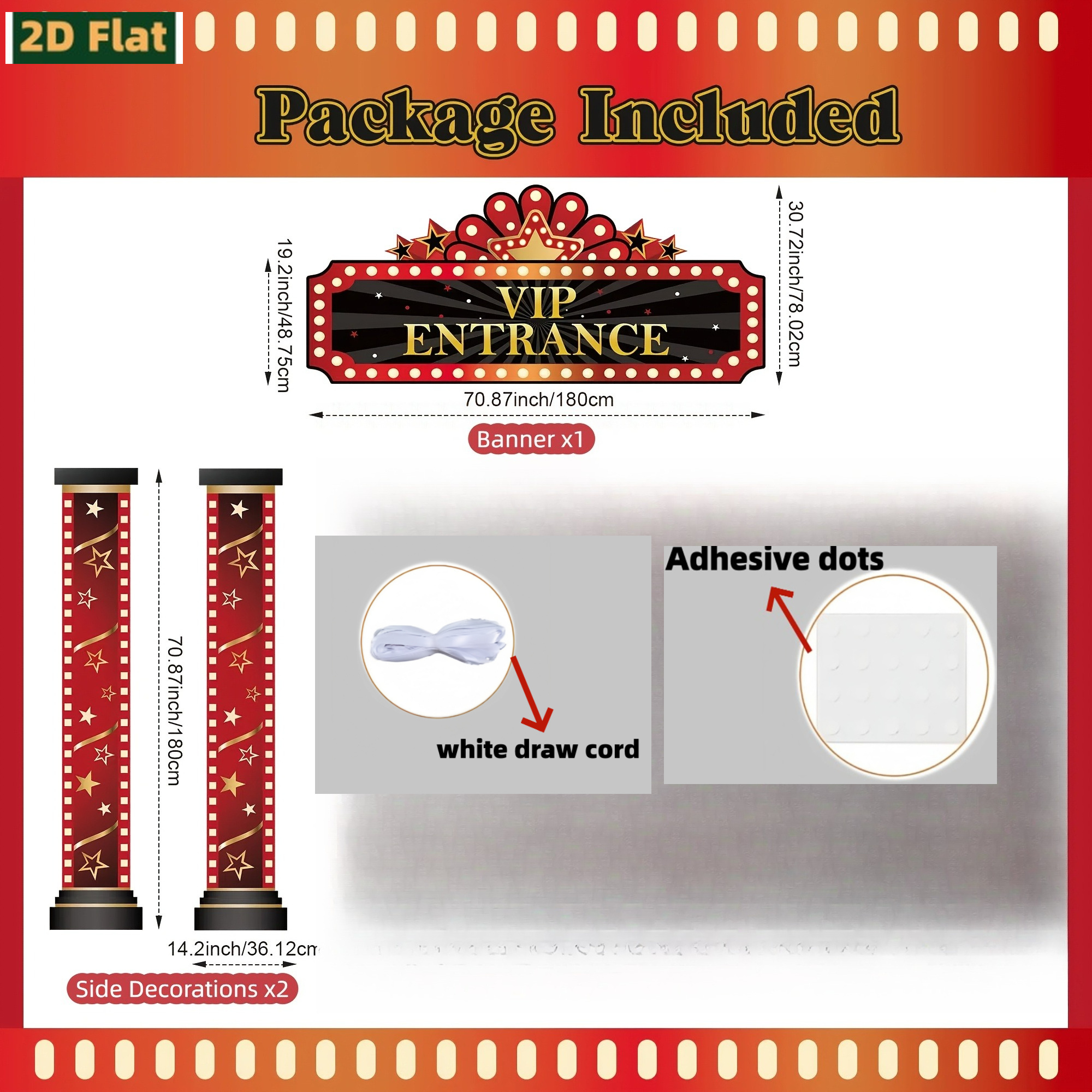 TEMU Plat 2D, Lot de 3 bannières plates 2D, ensemble de décorations pour soirée cinéma, comprenant 1 bannière d'entrée VIP, 2 panneaux pour portes