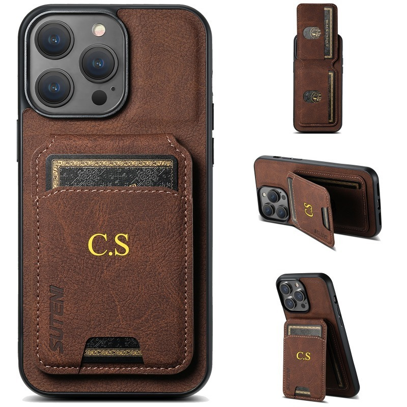 TEMU Phone Case - Personalized Name Faux Leather Case With Card Holder For Iphone 16 15 14 13 12 11 Series, Customized Name Initials Letters 3d