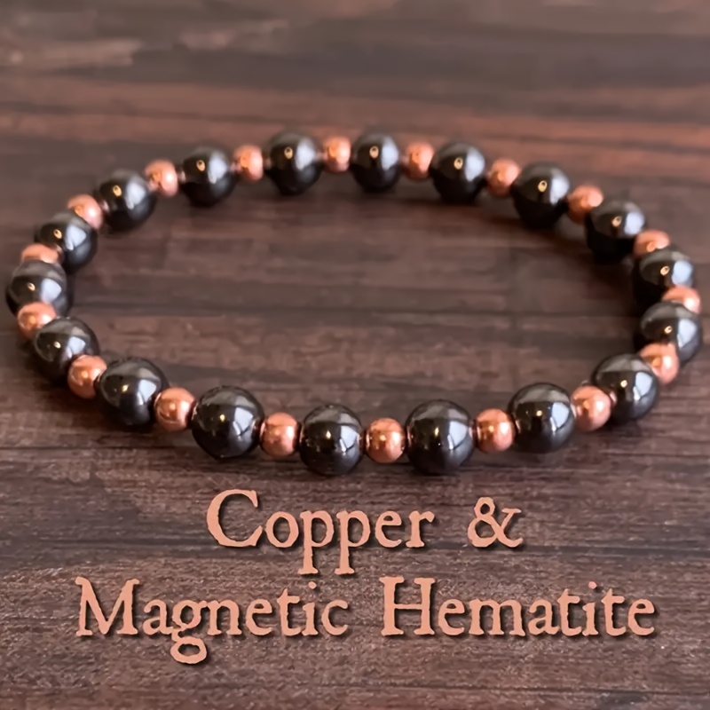 item picture Handmade Natural Hematite& Copper Beads Grounding Protection Bracelet- 4Mm/6Mm/8Mm Beads, Chakra Jewelry for Spiritual, Wealth& Protection, Vintage Bohemian Style Unisex Bracelet for Men& Women, Daily Wear& Gift, Year-Round Accessory