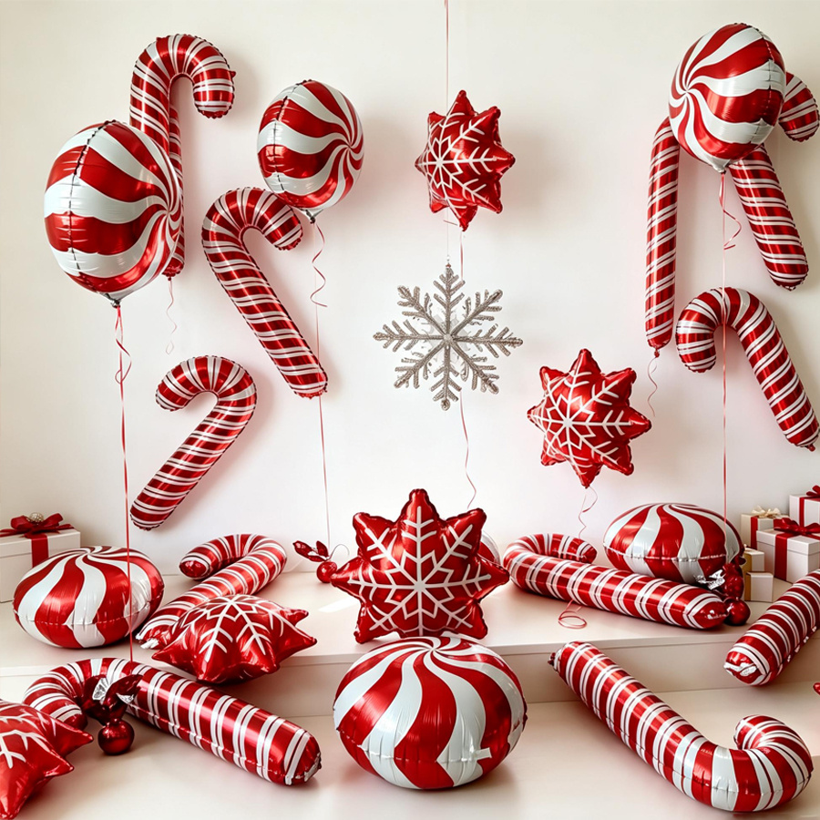 TEMU 17pcs Bonbons de Noël Guirlande de Noël de Neige Boules Rondes, Ballons de Noël en Aluminium, Ballons Guirlande de Noël Rouges et Blanches,