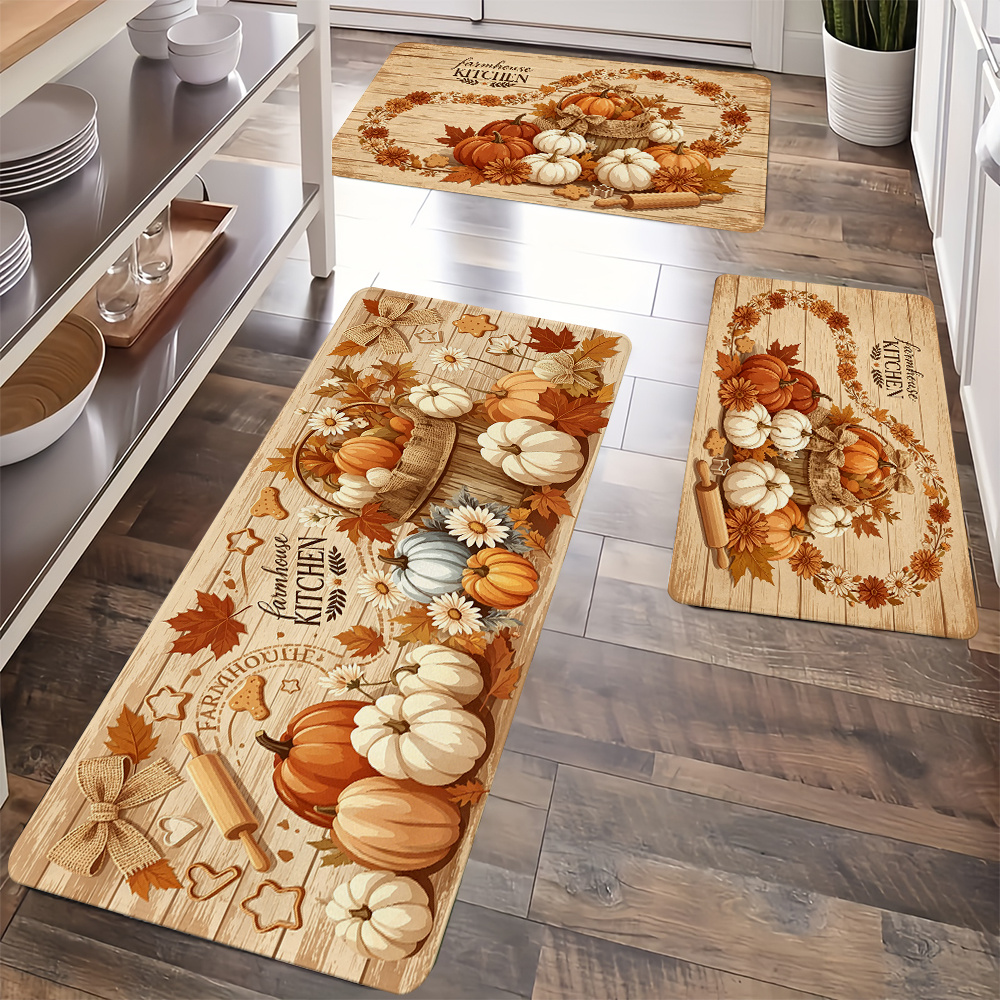 TEMU Autumn Pumpkin Wreath Pattern Kitchen Rug Set, Cozy Retro Atmosphere Decorative Mat, Suitable For Kitchen, Living Room, Laundry Room, Entrance