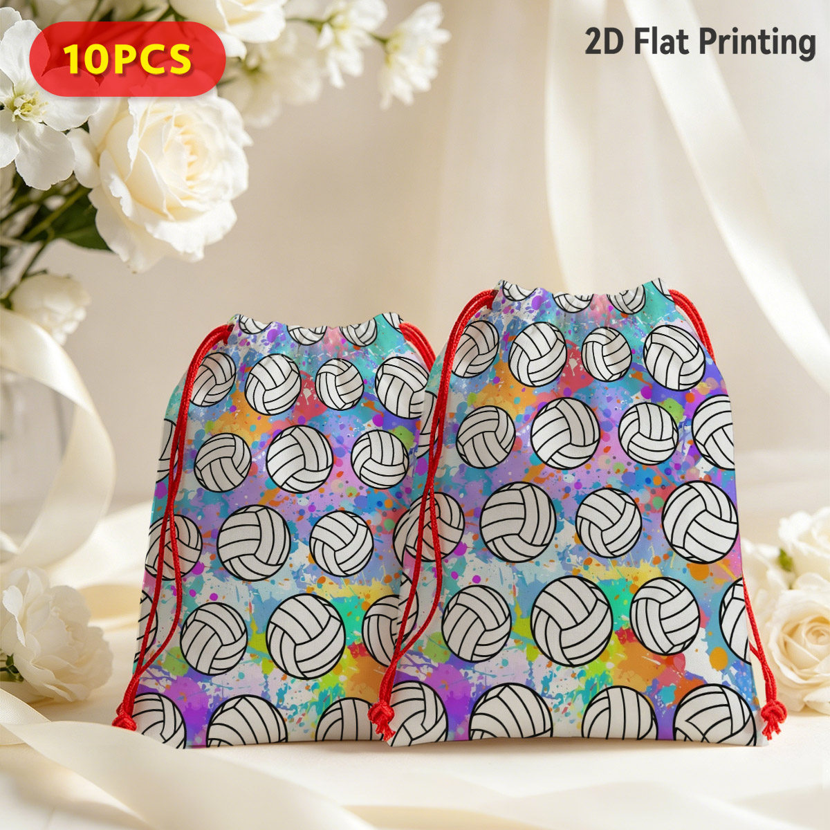 TEMU Gift For Her/him 10pcs Pack Multicolor Suitable For Her/him Volleyball Print Gift Bags With Drawstring Closure - Vibrant 2d Flat Suitable For