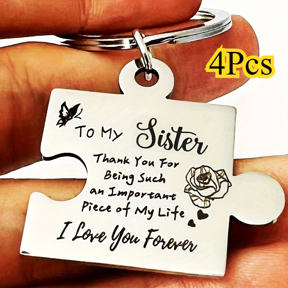 

4pcs Stainless Steel Puzzle Piece Keychain Set, Engraved "to My Sister" Message, Universal Car Key Ring, Ideal For Birthdays, Christmas, Halloween, Parties - Romantic Gift For Sister