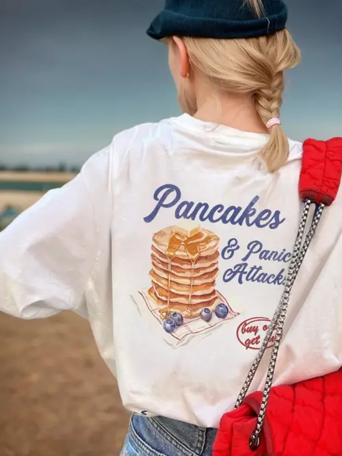 youth casual crew neck t shirt with pancakes print polyester knit fabric regular fit alphabet pattern ideal for spring summer youth fashion top trendy durable kni