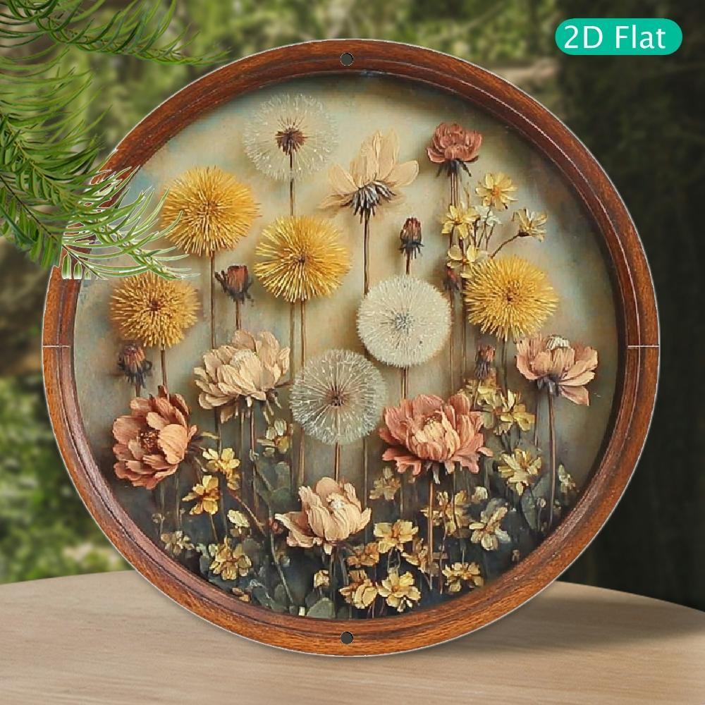 TEMU 2d Flat, 2d Panel- A Circular Mural Featuring A Vintage Dandelion Design. This 2d Flat Wall Decoration Is A Single Piece. Enhancing Decorative