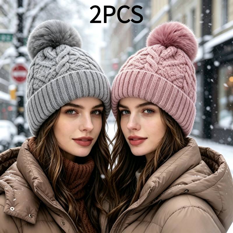 TEMU 2pcs Women's Winter Thickened Pom-pom Hats, Warm Fashionable All-match Outdoor Ski Travel Hat