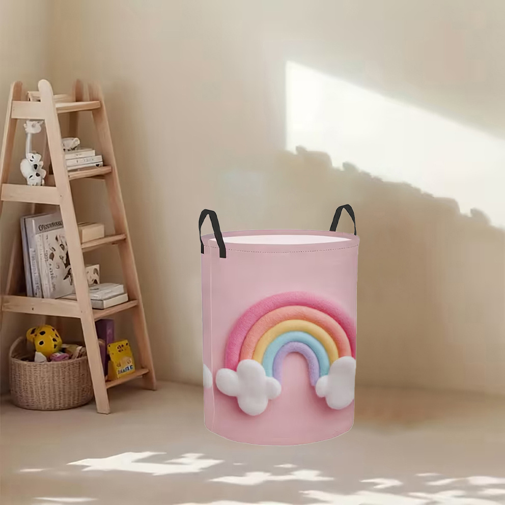 TEMU 1pc Macaron Cloud-themed Laundry Basket With Sturdy Handle - Round Storage Hamper Suitable For, Room, Bathroom, With Cloud-shaped Lid-compatible