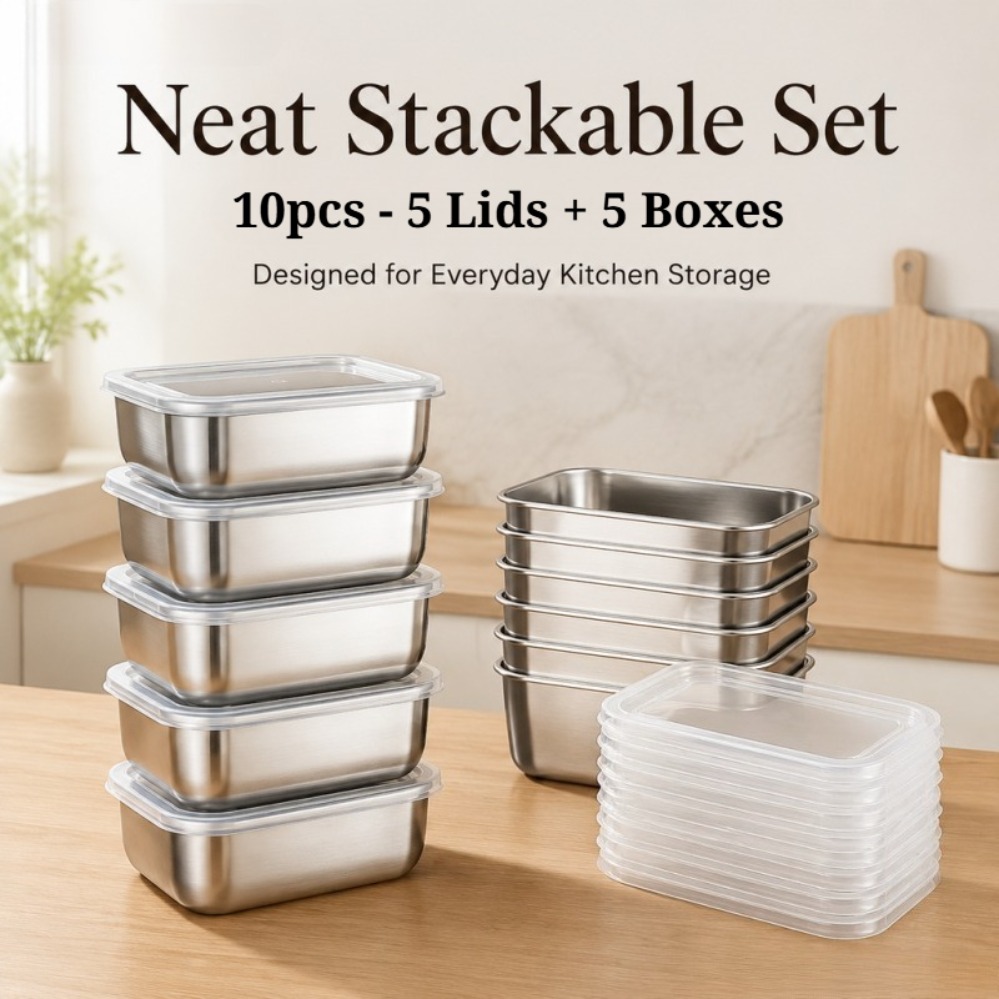 TEMU 10pcs Set: 5 Lids + 5 Boxes, Stainless Steel Food Storage Containers With Lids | Square Sealed Lunch Boxes, Suitable For Kitchen And
