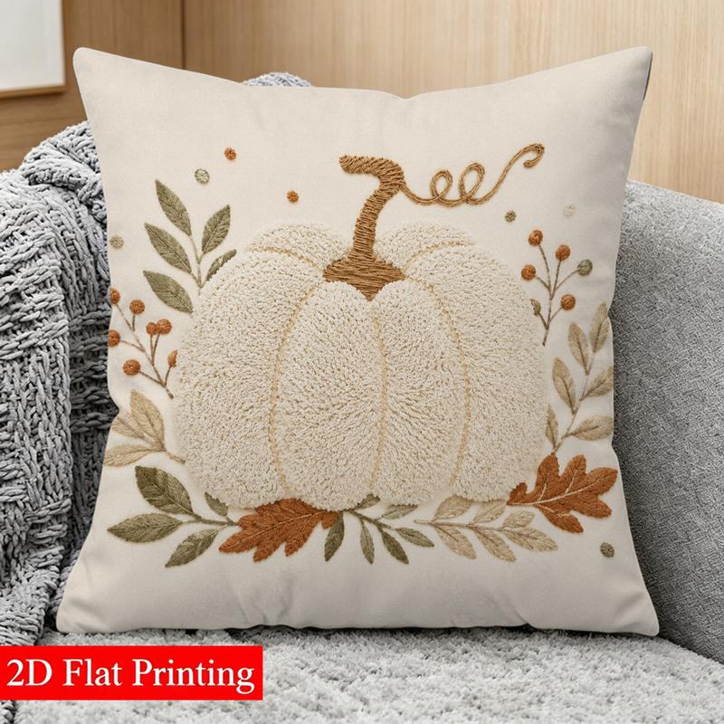 TEMU [printed Design – Not Textured] Autumnal Cozy 18x18 Inch Double-sided Printed Pillowcase, 1pc, With 2d Flat Printed Pumpkin & Foliage Design,