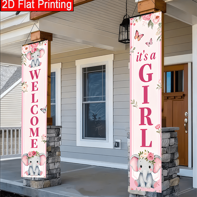 TEMU 2d Flat - 2d Flat - 2d Flat 2pcs Welcome Flowers Baby Shower Porch Banner Featuring A And , Perfect For Outdoor Courtyard Lawn Decoration,