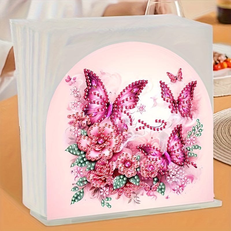 TEMU A Gift Suitable For All ; Diy Pink Diamond Painting Napkin Holder Set, And Floral Theme, 2d Flat, Partial Inlay Of Crystal Rhinestone