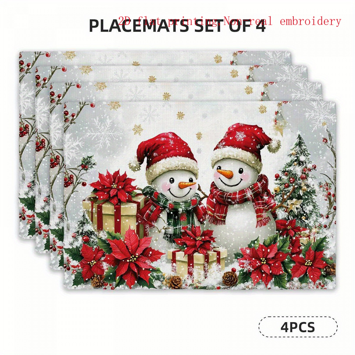 TEMU Set Of 4pcs Mats [2d Flat] Christmas-themed Placemats Featuring Red And Green Snowmen, With Snowflakes, Bougainvillea, Gifts, And Pine Cones,