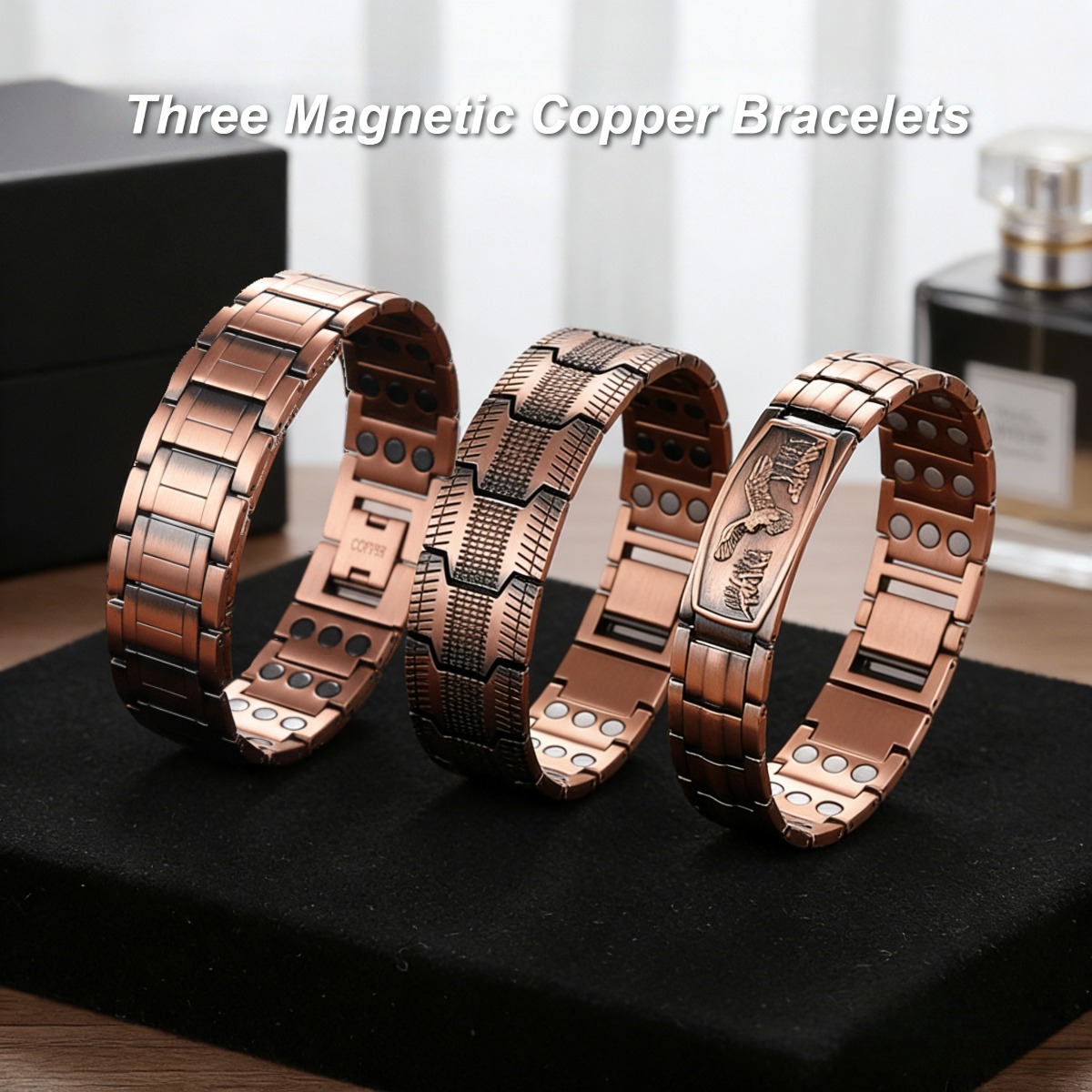 E-shop Drei magnetische Herren-Kupferarmbänder mit filigranen Adlermotiven und einem gemusterten Kettenmuster. Hergestellt aus robustem Kupfer.