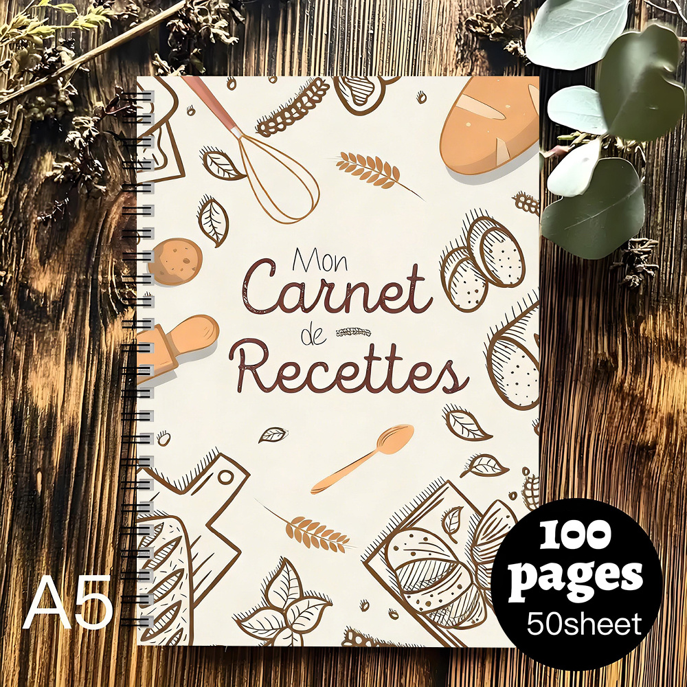 TEMU 1 Carnet de recettes de style français - Reliure à spirale, thème culinaire élégant beige et marron avec cupcakes, épices et ustensiles de