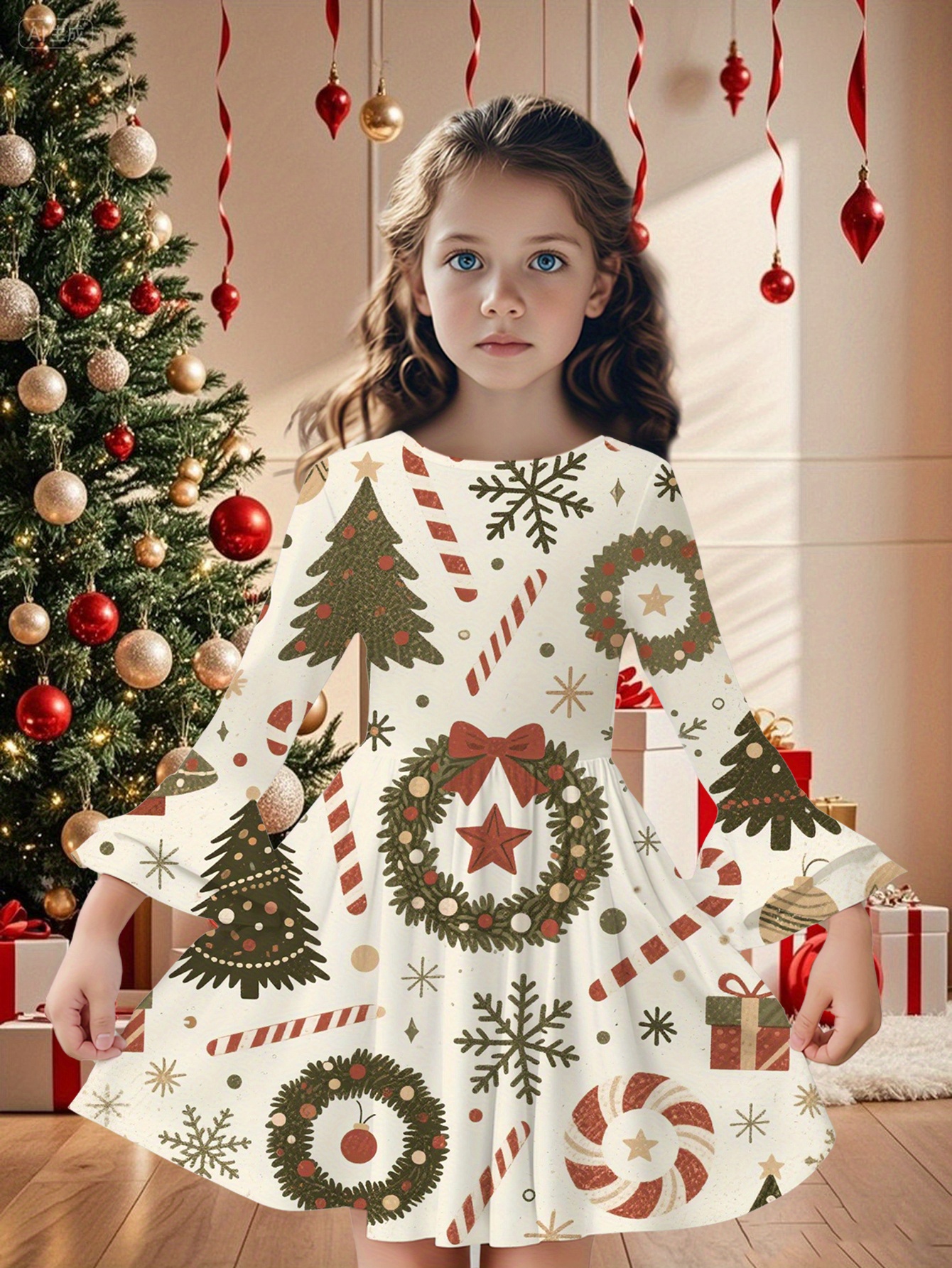 Robe De Noël Pour Fille à Manches Longues - Imprimé Festif, Tissu Doux En Jersey Coton - Pour Les Fêtes Et Occasions Spéciales