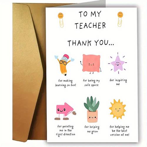 1pc teachers day thank you card with envelope cute classroom designs stars suns cushion characters appreciation messages heavy duty paper card for teachers educators classroom or home presentation teacher