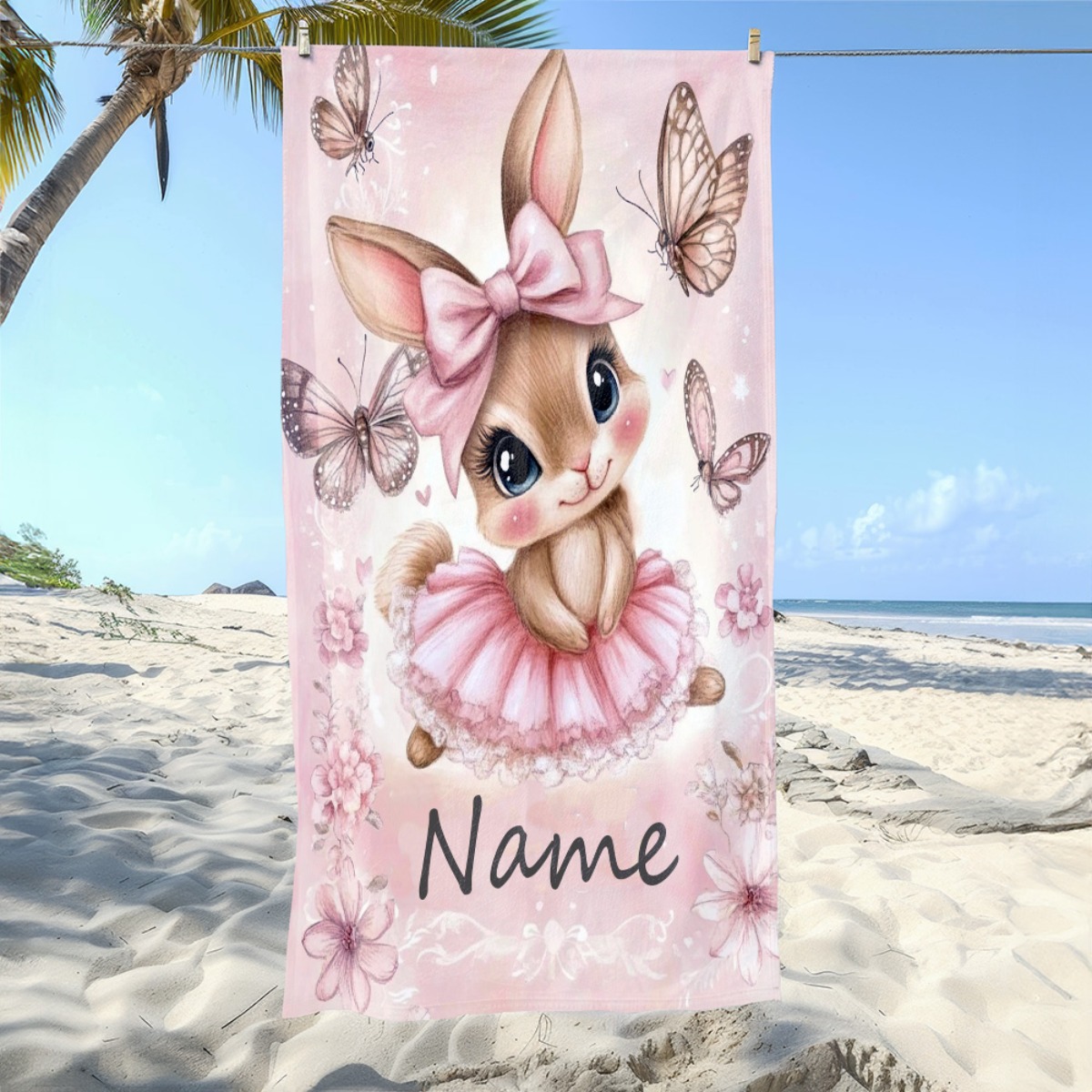 E-shop Süßes Hasen Strandtuch mit individuellem Namen - Weiche, ultra-saugfähige Mikrofaser, leicht, für Strand, Partys, Reisen, Camping -