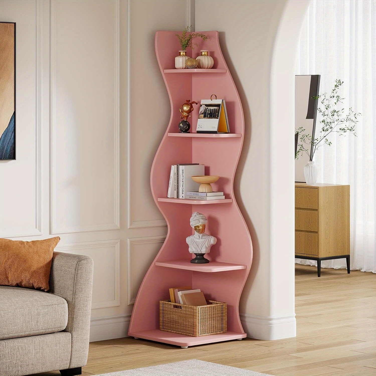 Wavy Corner Shelf, Modern 5-tier Bookshelf Bookcase With Curvy Shape, Unique Plant Stand Display Rack For Living Room Small Space (pink)