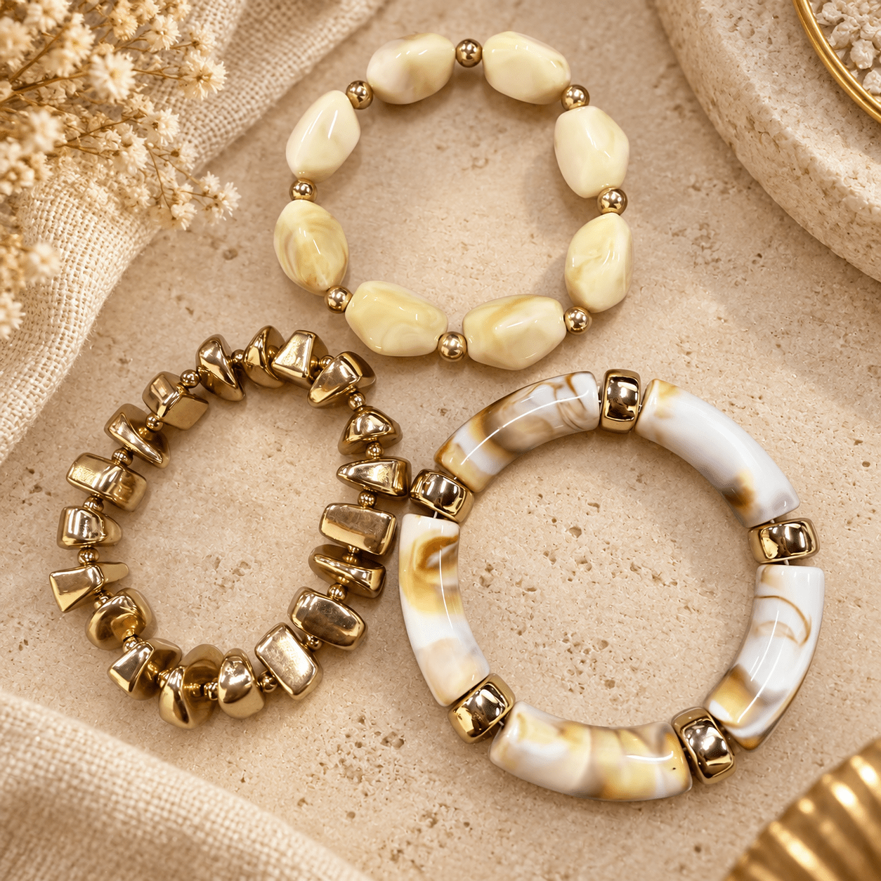 3pcs Chunky Resin & CCB Beaded Bracelets Set, Vintage Style